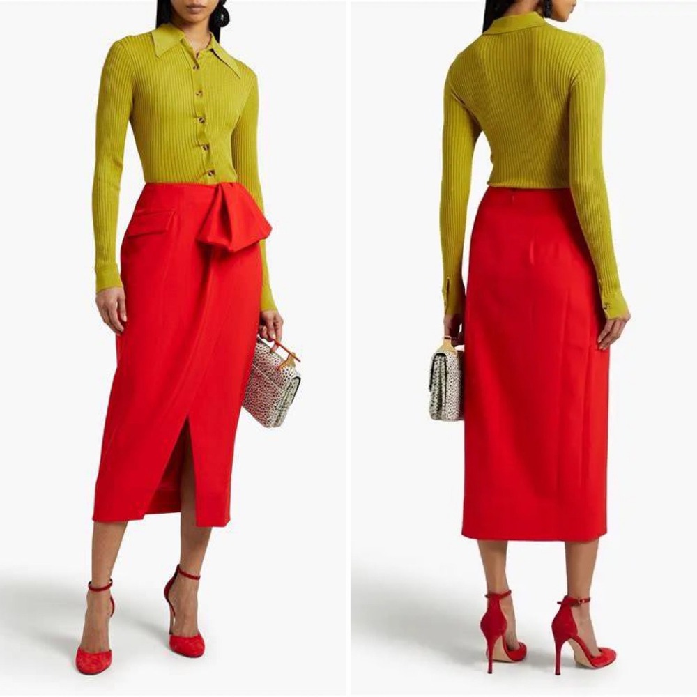 Saloni Valentine Skirt Size 2 Red Draped Bow Pencil Midi Skirt Chic Sexy Classic